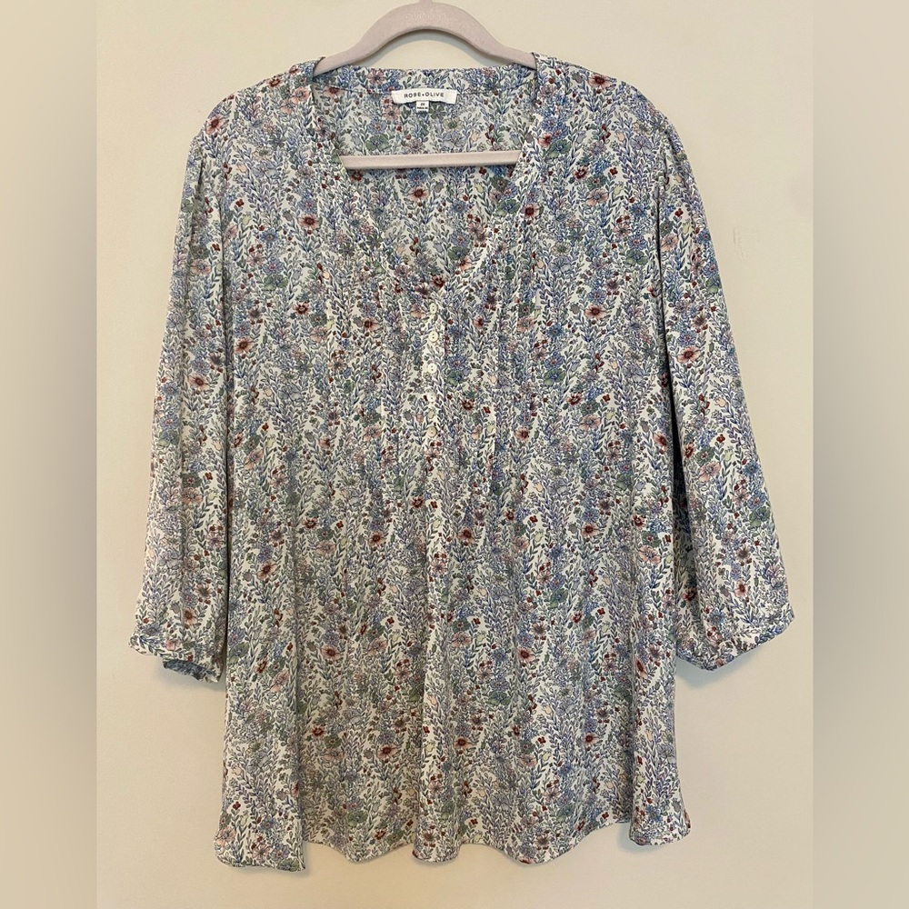 Rose + Olive Floral Print Women's Top 3/4 Sleeves Pleated V-Neck Size 2X